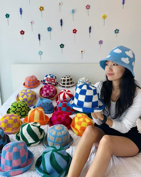 Better than candy 🍬🍒🍭 all of my patterns available on my website and my etsy 🍰🍰🍰link in bio 🌸🌸🌸 How To Crochet A Hat, Bucket Hat Inspo, Bucket Crochet, Knitting Styles, Bucket Hat Crochet, Crochet Hairband, Crochet Hair Accessories, Crochet Beanie Hat, Crochet Business