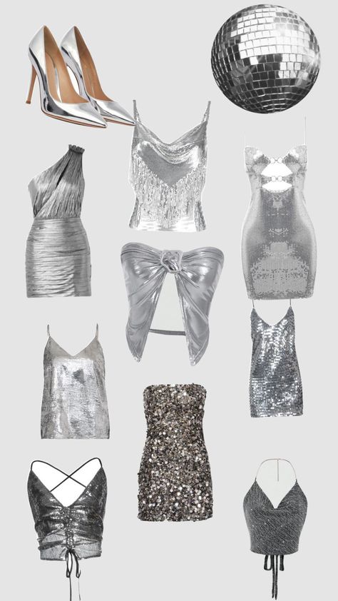 Silver New Years Outfit, Outfit Ideas For Sweet 16, Silver Outfit Party, 18th Birthday Party Dress, Black Silver Outfit, Dress 18th Birthday, Silver Homecoming Dress, Ideas For Sweet 16, Silver Clothes