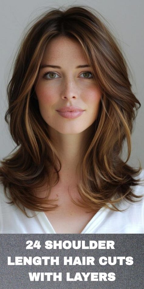 Embrace the trend with 24 shoulder length hairstyles with layers, each cut to perfection to give you a fresh, modern look that's bound to turn heads. Hairstyles For Thick Shoulder Length Hair, One Handed Hairstyles, Medium Length Layer Haircut, Hairstyles For 2024 Women, Medium Length Hair With Lots Of Layers, Mid Length Hairstyles For Round Faces, Mid Length Hair With Layers Side Part, Style Front Bangs, Layered Medium Haircuts