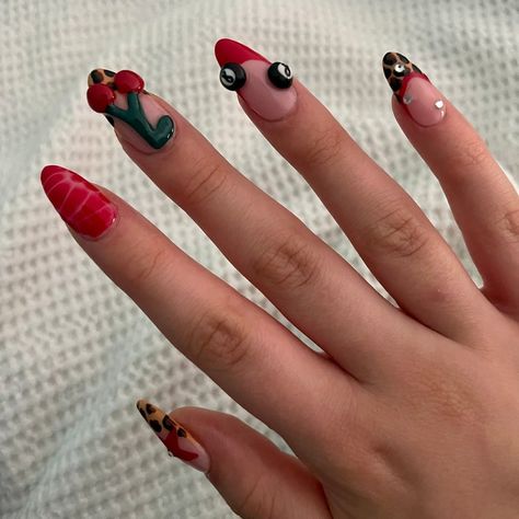 Leopard Red Nails, Press on Nails With Leopard Print, Cherry and 8 Ball Design, Almond Fake Nails for Autumn, Birthday, Celebration, Party - Etsy UK Nails With Leopard Print, 8 Ball Design, Nails For Autumn, Red And Leopard Print, Red And Leopard, Autumn Birthday, Ball Design, 8 Ball, Celebration Party