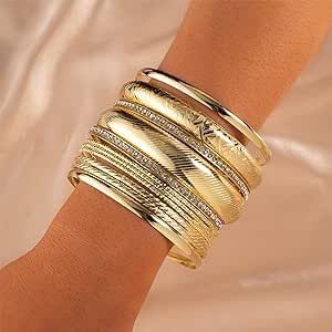 Women Gold Bangles, Bangle Bracelets Gold, Gold Bangle Bracelets, Layered Bangles, Gold Bangles Indian, Geometric Crystal, Star Bangle, Gold Bracelet Set, Trendy Bracelets