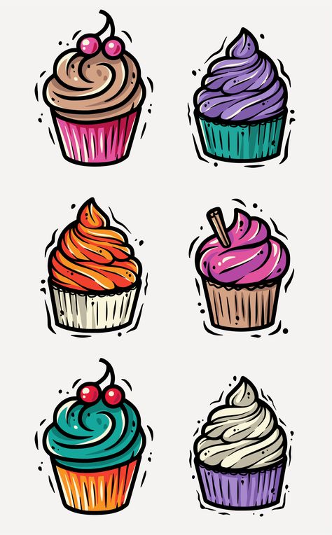 Cupcakes Tattoo Designs, Cupcake Images Design, Muffin Illustration Art, Cupcake Character Design, Cupcake Illustration Cute, Cake Tattoo Ideas, Cupcake Drawing Easy, Muffin Tattoo, Draw Cupcake