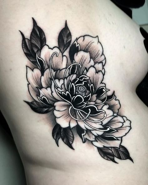 Black White Peony Tattoo, Gothic Peony Tattoo, Dark Peony Tattoo, Black And White Peony Tattoo, Neo Traditional Peony Tattoo, Blackwork Peony Tattoo, Peony Tattoo Traditional, Dark Flowers Tattoo, Black Peony Tattoo