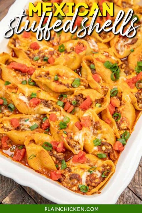 Mexican Stuffed Shells - Plain Chicken Mexican Shells And Ground Beef, Taco Stuffed Shells With Queso, Ground Beef Cottage Cheese, Mexican Pasta Shells With Ground Beef, Tex Mex Stuffed Shells, Mexican Stuffed Shells Vegetarian, Mexican Stuffed Shells, Cheese All, Jumbo Pasta Shells