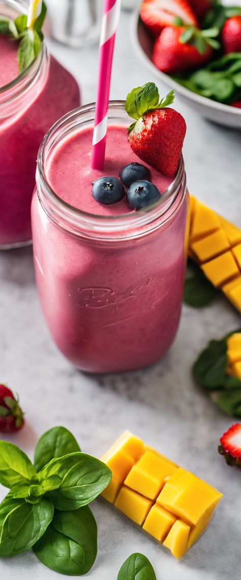 Vibrant berry pink smoothie in mason jars with fresh spinach, mango, and strawberries, featuring colorful straws and mint leaves, set against a bright kitchen background. Energy Boosting Smoothies, Milk It, Ways To Wake Up, Mint Sprig, Fresh Spinach, Natural Energy, Boost Energy, The Thing, Almond Milk