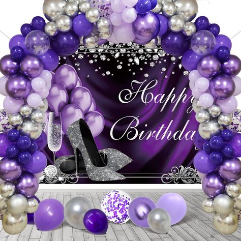 Purple And Silver 50th Birthday Party, Purple Silver And Black Party Decor, Purple And Silver Balloon Garland, Purple And Silver Birthday Party, Silver Birthday Party Decorations, 70s Birthday Party Ideas, Purple Birthday Party Decorations, 70th Birthday Ideas For Mom, Purple Birthday Decorations