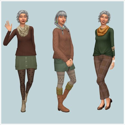 Sims 4 Base Game Outfits Ideas, Sims 4 Get Together, Sims4 Lookbook, Goblincore Clothes, Sims Outfits, Sims Challenge, Grandma Clothes, Die Sims 4, Sims 4 Challenges