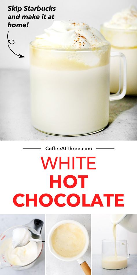 White Hot Chocolate Mobile Hot Chocolate Bar, White Chocolate Drink, Hot White Chocolate, Creamy Hot Chocolate Recipe, Caffeinated Drinks, Matcha Hot Chocolate, Chocolate At Home, White Hot Chocolate Recipe, Salted Caramel Hot Chocolate