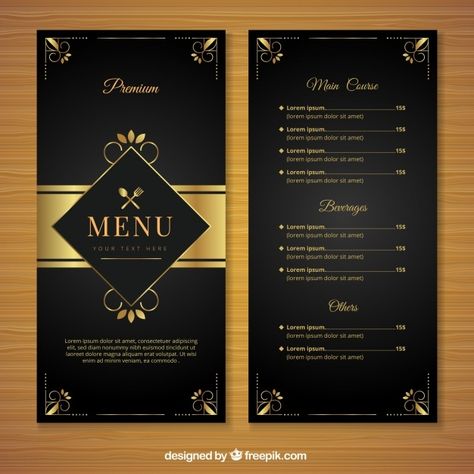 Retro menu template with golden ornament... | Premium Vector #Freepik #vector #logo #food #vintage #menu Menu Design Layout, Menu Cover Design, Colorful Restaurant, Hotel Menu, Menu Card Design, Food Vintage, Menue Design, Restaurant Poster, Menu Layout