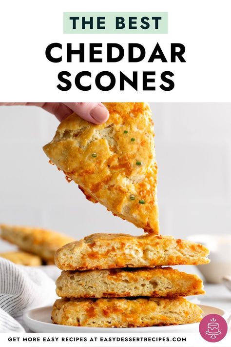 These cheddar scones offer the perfect flaky texture and cheesy flavor. Pair these savory scones with your favorite soup for the perfect meal! | pop over to my site for the recipe! | baking recipes | side dishes | easy snacks | Cheddar Scones Recipe, Cheddar Scones, Cheese Scone Recipes, Dessert Pie Recipes, Scones Recipe Easy, Family Desserts, Scones Easy, Savory Scones, Easy Dessert Recipes