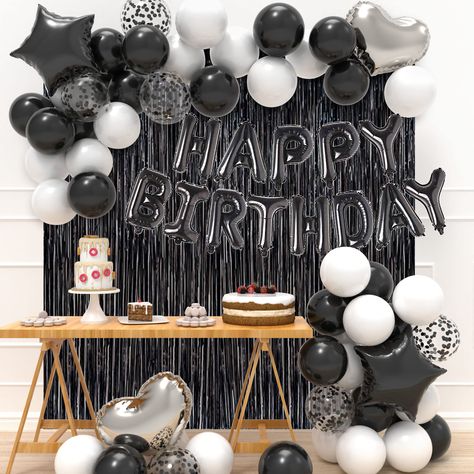 PRICES MAY VARY. COMPLETE BLACK BIRTHDAY PARTY DECORATIONS PACKAGE: 1pcs black happy birthday balloons banner, 24pcs 12 inch latex balloons（black&white）, 6pcs 12 inch black confetti balloons, 2pcs 18 inch black star foil balloons, 2pcs 18 inch sliver heart foil balloons, 2pcs black tinsel curtains and balloon garland tools. We have put all these items together to save you time and money, so no need to buy from lots of suppliers and spend a lot more. PREMIUM QUALITY：Our black birthday party ballo Black And White Party Decorations, Ballon Banner, Black And White Balloons, White Party Decorations, Happy Birthday Theme, Happy Birthday Balloon Banner, Balloon Tassel, Black Confetti, Woman Birthday Party