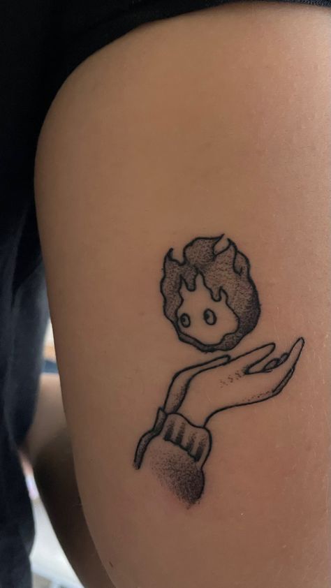 Calcifer Tattoo, Studio Ghibli Tattoo, Whimsical Tattoos, Ghibli Tattoo, Weird Tattoos, Hand Poke, Anime Tattoos, Tattoo Design Drawings, Get A Tattoo