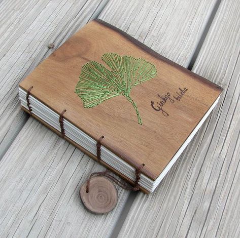 Handmade Note Book, Ginkgo Design, Mother Nature Tattoos, Wooden Notebooks, Homemade Books, Wood Guest Book Wedding, American Black Walnut, Black Walnut Wood, Handmade Notebook