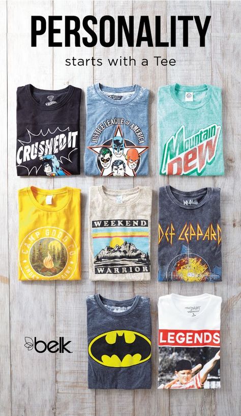 He’ll love showing off his sense of humor or making a statement with graphic t-shirts, a summer essential. Super heroes, funny sayings, rock bands and so much more – they’re all pictured on our assortment of cool tees. Shop men’s t-shirts in stores or at belk.com. Awesome Shirt Designs, Tshirt Design Ideas, T-shirt Photography, Photography Shirts, Tee Shirt Fashion, Tshirt Design Inspiration, Shirt Design Inspiration, Shirt Print Design, Clothing Photography