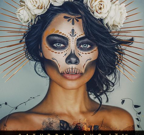 Day Of Dead Face Paint, Half Face Sugar Skull Makeup, Subtle Day Of The Dead Makeup, Glam Sugar Skull Makeup, Blue Sugar Skull Makeup, Day Of The Dead Halloween Makeup, Day Of The Dead Makeup Tutorial, Easy Day Of The Dead Makeup, Day Of The Dead Make Up