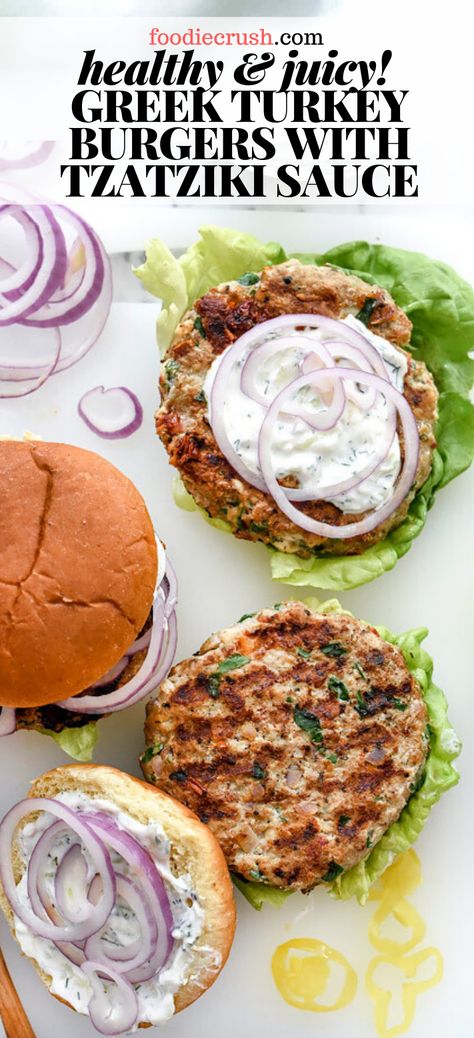 Burgers Healthy, Ground Turkey Burgers, Zucchini Burger, Greek Turkey, Greek Turkey Burgers, Grilled Turkey Burgers, Juicy Turkey, Healthy Burger, Homemade Tzatziki