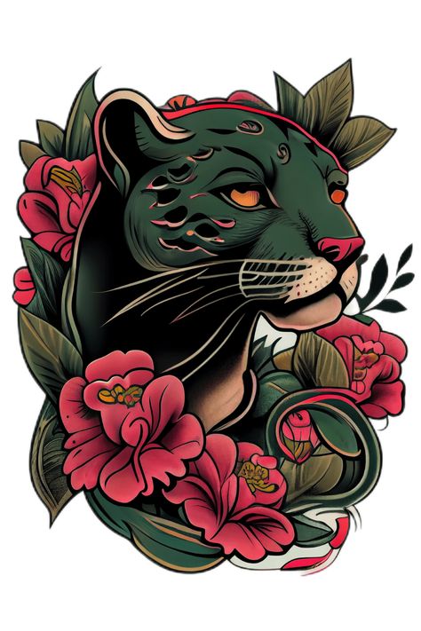 Neo Traditional Panther Tattoo, Neo Traditional Panther, Traditional Tattoo Panther, Panther Tattoo Design, Tattoo American Traditional, Traditional Panther, Traditional Panther Tattoo, Paper Tattoo, Panther Design