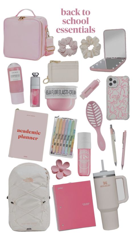 pink>>>> Preppy Items, School Memories Scrapbook, Preppy School Bag, Girly Backpacks, School Emergency Kit, School Backpack Essentials, Artsy Phone Cases, Girl School Supplies, Pretty School Supplies