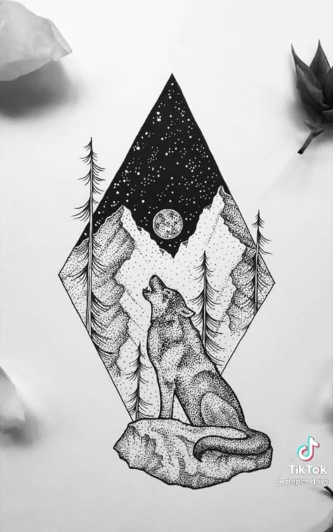 Geometric Mountain Tattoo, Geometric Wolf Tattoo, Beautiful Tattoo Designs, Atlas Tattoo, Dotted Drawings, Wolf Tattoo Sleeve, Geometric Wolf, Wolf Silhouette, Stippling Art