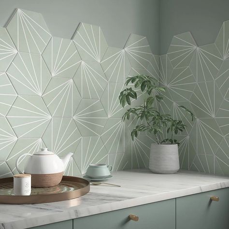 Green Hexagon Tile, Hexagon Tile Bathroom, Tile Trends, Geometric Tiles, Tiles Design, Hexagon Tiles, Bathroom Wall Tile, Green Bathroom, Wall And Floor Tiles