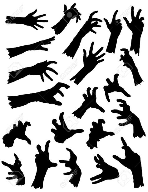 Vector - Collection of Zombie Hands in different poses. Hands In Different Poses, Zombie Pose, Zombie Silhouette, Zombie Hands, Scary Zombie, Hand Silhouette, Easy Diy Halloween Decorations, Zombie Hand, Zombie Party