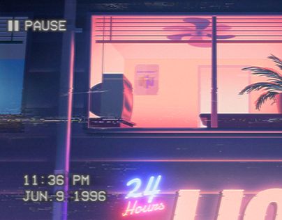 A project using the aesthetic and atmosphere of Vaporwave art and music and… Palm Tree, Neon, Building