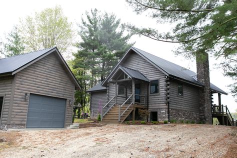 Gray Lake Abode Grey Log Cabin Exterior, Gray Log Cabin Exterior, Modern Log Home, Log Home Builders, Log Homes Exterior, Log Cabin Exterior, Cabin Modern, Exposed Rafters, Drop In Kitchen Sink