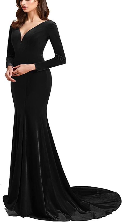 Deep V Neck Prom Dress, Velvet Prom Dresses, V Neck Prom Dress, Gown With Long Sleeves, Dark Wedding Theme, Long Sleeve Black Dress, Prom Dress Mermaid, Elf Dress, Sleeve Black Dress