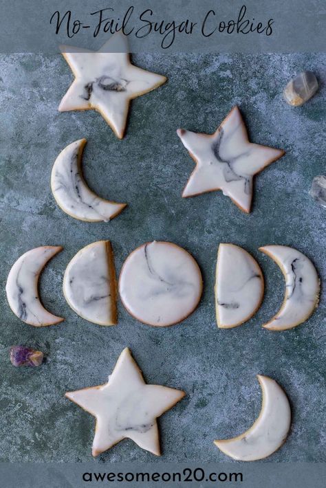 Moon Cookies Decorated, Witchy Cookies, Halloween Moon Cookies, Moon Sugar Cookies, Celebrating Beltane, Celebrating Samhain, Celebrating Ostara, Celebrating Yule, Star Sugar Cookies