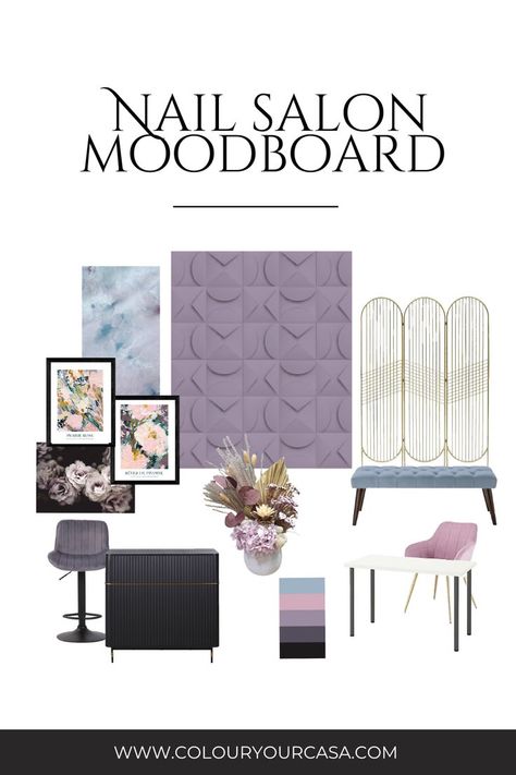 Nail salon moodboard with art deco influences and dusty  shades of blue and lilac. Lilac Beauty Salon, Nail Parlour Interior Design, Salon Mood Board, Parlor Design, Parlour Design, Moody Interior Design, Interior Design Color Schemes, Purple Nail Art, Moody Interiors