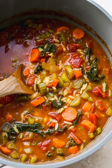 Easy, One-Pot Vegetable Orzo Soup | Walder Wellness, RD (Dietitian) Easy Orzo Soup, Veggie Soup Creamy, Recipes That Use Vegetable Broth, Veggie Soup Recipes Crockpot, One Pot Vegetable Soup, Pasta Vegetable Soup, One Pot Soup, Fall Vegetable Soup, Vegetable Orzo Soup