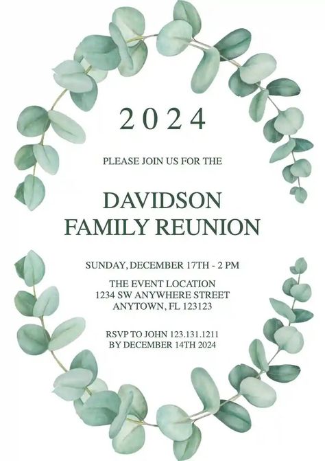 Family Meetup Invitation, Family Reunion Invitation Ideas, Reunion Invitation Card Design, Family Reunion Invitation Card Design, Family Reunion Invitations Templates, Family Reunion Invitations, Reunion Invitations, Invitation Maker, Eucalyptus Wreath