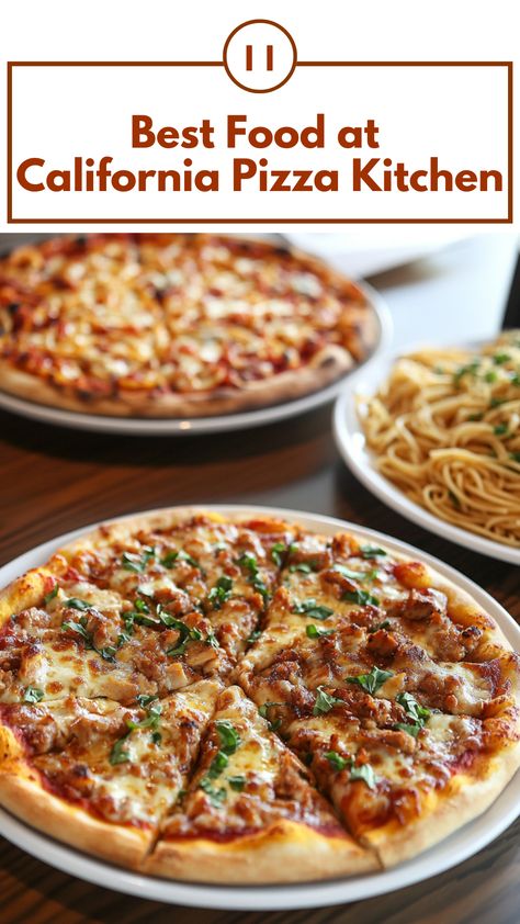 A table with a freshly baked BBQ Chicken Pizza and a classic Margherita Pizza from California Pizza Kitchen, served alongside pasta and fresh toppings. Flavorful Salads, California Pizza Kitchen, California Pizza, Pizza Kitchen, Bbq Chicken Pizza, Signature Dishes, Menu Items, Bbq Chicken, Best Food