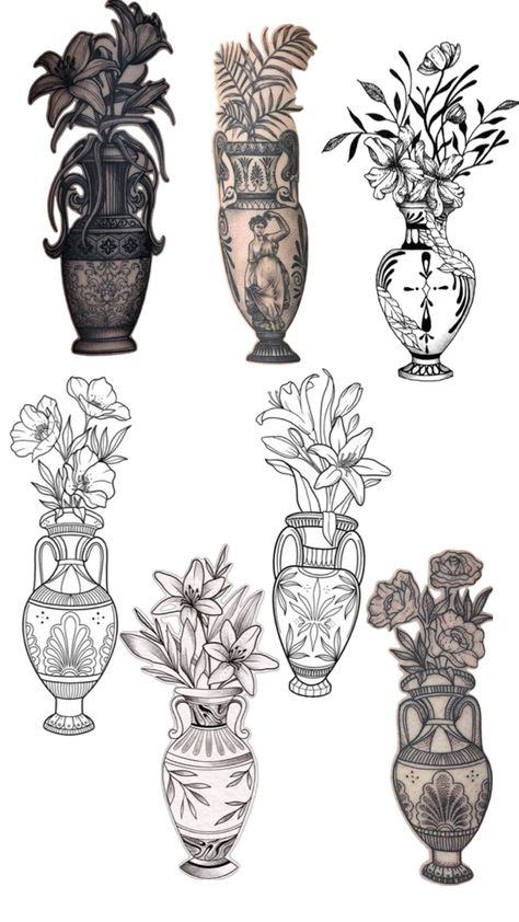 Skull Vase Tattoo, Ornamental Vase Tattoo, Vase With Flowers Tattoo, Vase Tattoo Design, Flower Vase Tattoo, Flashes Tattoo, Vase Tattoo, Dark Skin Tattoo, Serpent Tattoo