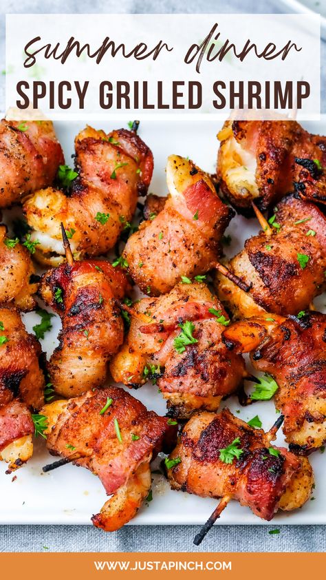 Spicy Grilled Shrimp Wrapped in Bacon Spicy Bacon Wrapped Shrimp, Bacon Wrapped Shrimp On The Grill, Shrimp Wrapped In Bacon, Grilled Shrimp Marinade, Spicy Grilled Shrimp, Wrapped Shrimp, Shrimp Marinade, Blue Ribbon Recipes, Bacon Wrapped Shrimp