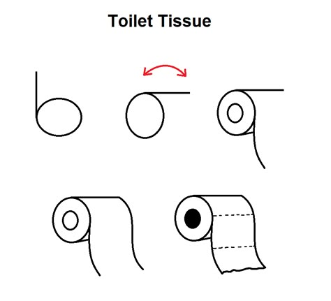 Step-by-step tutorial to draw a roll of toilet tissue/toilet paper/paper towels. How To Draw Toilet Paper, Toilet Drawing Easy, How To Draw A Toilet, Toilet Paper Painting, Paper Roll Drawing, Toilet Paper Drawing, Tissue Drawing, Cute Toilet Paper, Draw Objects