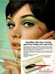 Vintage Maybelline: This ad is promoting eyeliner, which was a popular cosmetic product during the 60s. Description from pinterest.com. I searched for this on bing.com/images 1970s Makeup, 1960s Makeup, Maybelline Eyeliner, Vintage Makeup Ads, 60s Makeup, Besame Cosmetics, 70s Makeup, Makeup Ads, Retro Makeup