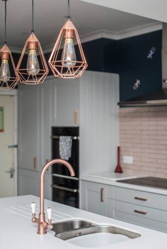 Rose Gold Kitchen Faucet, Rose Gold Handles Kitchen, White Rose Gold Kitchen, Kitchen Design Rose Gold, Navy And Rose Gold Kitchen, Grey And Rose Gold Kitchen, Rose Gold Kitchen Hardware, White And Rose Gold Kitchen, Rose Gold Kitchen Ideas