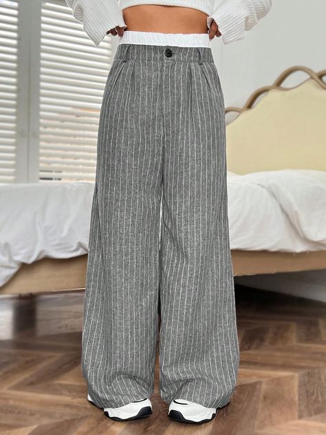 Gray Woven Stripe Wide Leg Women's Suit Pants Grey    Woven Fabric Plain Wide Leg Non-Stretch  Women Clothing, size features are:Bust: ,Length: ,Sleeve Length: Women Suit Pants, Grey Pants Outfit, Wide Leg Outfit, Simple Scarf, College Girl, Pantsuits For Women, Patterned Scarves, Suit Pants, Grey Pants