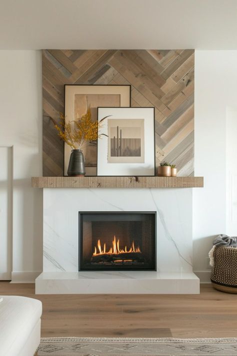 40 Modern Mantel Decor Ideas To Elevate Your Fireplace with Style White Slat Wall Fireplace, Living Room Fireplace Ideas Mantels, Electric Fireplace Ideas With Tv Tall Ceilings, White Herringbone Fireplace Surround, Fireplace Surround Measurements, Inbuilt Wood Fireplace, Chimney With Tv On Top, Builder Fireplace Makeover, Built In Electric Fireplace With Mantel