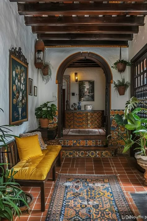 Boho Spanish Decor, Hacienda Living Room Mexican, Puerto Rico Interior Design, Hispanic Style Home, Mexican Room Aesthetic, Spanish Homes Interior, Mexican House Interior, Mexican Home Decor Modern, Old Mexican House