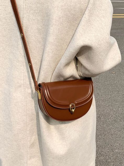 Metal Lock Flap Saddle Bag | SHEIN USA Small Sling Bag Woman, Brown Sling Bag, Small Purses And Handbags, Black Saddle Bag, Sling Bags Women, Sling Bag Women, Black Saddle, Bags Business, Small Sling Bag