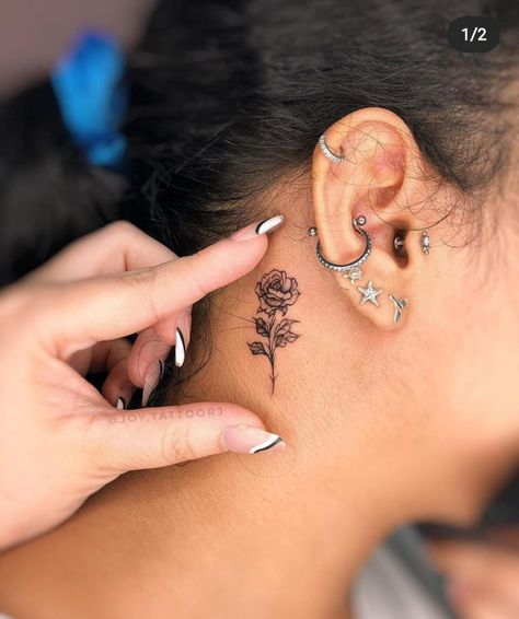 Rose Tattoo Behind Ear, Rose Neck Tattoo, Behind Ear Tattoos, Cute Tattoos For Women, The Ear, Simplistic Tattoos, Festival Looks, Rose Tattoos, Neck Tattoo