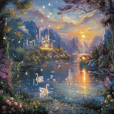 "Enchanted #TwilightSerenity: A tranquil #FantasyLandscape with swans on a lake under a #StarrySky near a majestic #Castle. #AIArt #AIPhoto #StockCake ⬇️ Download and 📝 Prompt 👉 https://stockcake.com/i/enchanted-twilight-serenity_518131_1060196" Majestic Castle, Enchanted Lake, Enchanted Castles, Enchanted Evening, Ocean Painting, Swan Lake, Enchanted Forest, Swans, Starry Sky