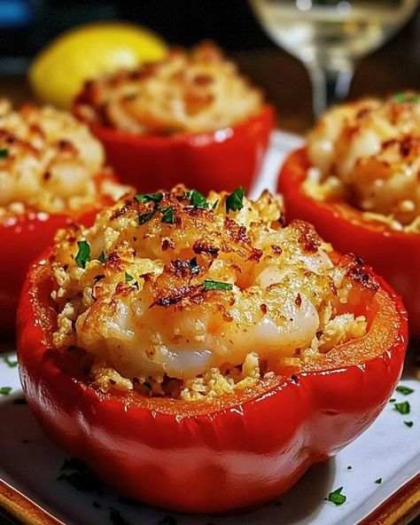 Crab And Shrimp Stuffed Bell Peppers, Crab Stuffed Peppers, Shrimp Stuffed Bell Peppers, Crab And Shrimp, Shrimp Stuffed, Lump Crab Meat, Crab Stuffed, Lump Crab, Red Bell Peppers