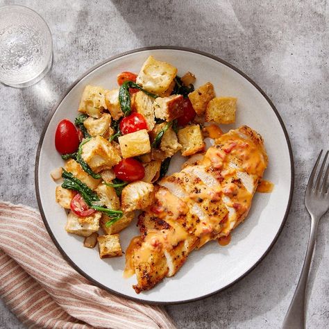 Recipe: Hot Honey Chicken with Rosemary & Cipolline Onion Panzanella - Blue Apron Hot Honey Sauce, Chicken With Rosemary, Italian Bread Salad, Hot Honey Chicken, Blue Apron Recipes, Sweet Onions, Seared Chicken, Wilted Spinach, Different Cities