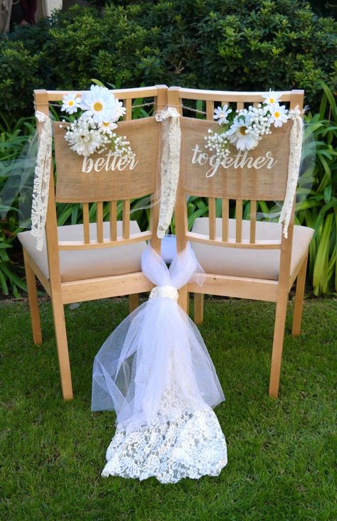 "Better Together Wedding Chair Burlap Sign, Rustic Wedding Decoration, Reception Decor These rustic \"better together\" chair signs will add the perfect touch to your wedding or anniversary party. The listing is for two signs. Each sign measures approximately 14\" x 9\". The lettering is hand painted with acrylic paint in color of your choice. There is plenty of twine on each end for easy holding or hanging. The edges are sealed to prevent fraying. Decorated with ivory or white lace at the ends. Burlap Chair, Wedding Chair Signs, Diy Backyard Wedding, Wedding Chair Decorations, Homemade Wedding, Rustic Wedding Bouquet, Signs Wedding, Wedding Chair, Future Wedding Plans