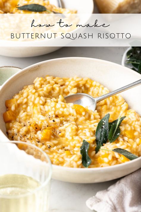 This butternut squash risotto is a gorgeous fall dish. It’s a simple and classic recipe with creamy rice, sweet cubes of butternut squash, and salty fried sage leaves-- but we take small, intentional steps throughout the recipe make it the absolute best. Follow me on Pinterest for more recipes like this! Risotto Dairy Free, Saucy Rice, Fall Risotto, Fried Sage, Arancini Recipe, Vegan Risotto, Easy Butternut Squash, Italian Diet, Squash Risotto