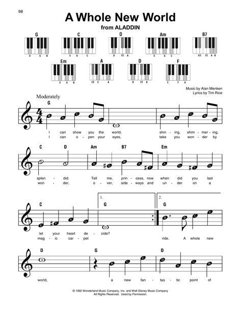 Download Super Easy Piano sheet music to A Whole New World by Tim Rice and print it instantly from Sheet Music Direct. Simple Piano Sheet Music, Easy Piano Sheet Music With Letters Disney, Piano Sheet Music With Letters, Baby Einstein Piano Sheet Music, Chord Piano, Arabian Nights Sheet Music, Once Upon A Dream Piano Letters, Once Upon A Dream Sheet Music, Piano Music With Letters