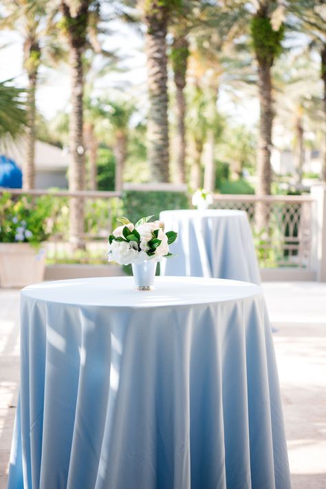 Tall Cocktail Tables, Blue Flowing Linen Blue And White Cocktail Table, Light Blue Wedding Reception Decor, Blue Table Cloths Wedding, Blue Cocktail Tables Wedding, Blue Linen Wedding, Tall Cocktail Tables Wedding, Baby Blue Linen Party Table Images, Blue Linen Cocktail Table, White Round Table With. Baby Blue Tulle